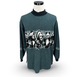 Vintage Kittens Panda Bear Fleece Pullover Sweatshirt Wraparound Blue Green USA